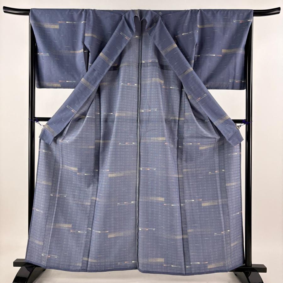 小紋 身丈160.5cm 裄丈66cm M 単衣 幾何学模様 青灰色 化繊 秀品 中古