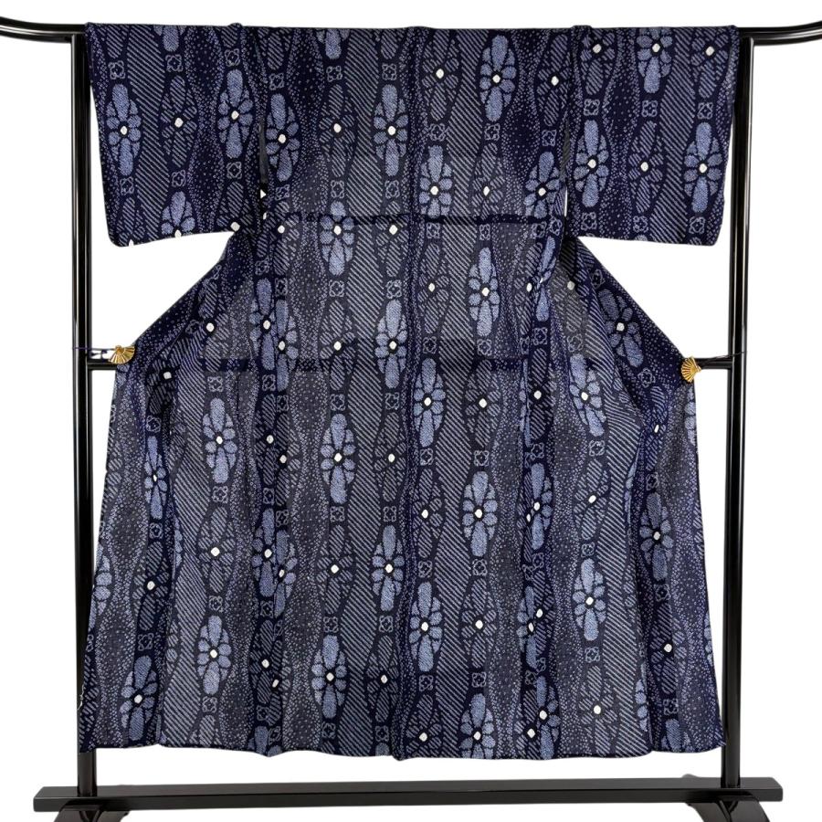 美品 浴衣 身丈150cm 裄丈64.5cm M 絞り浴衣 花 立涌 紺色 綿 名品