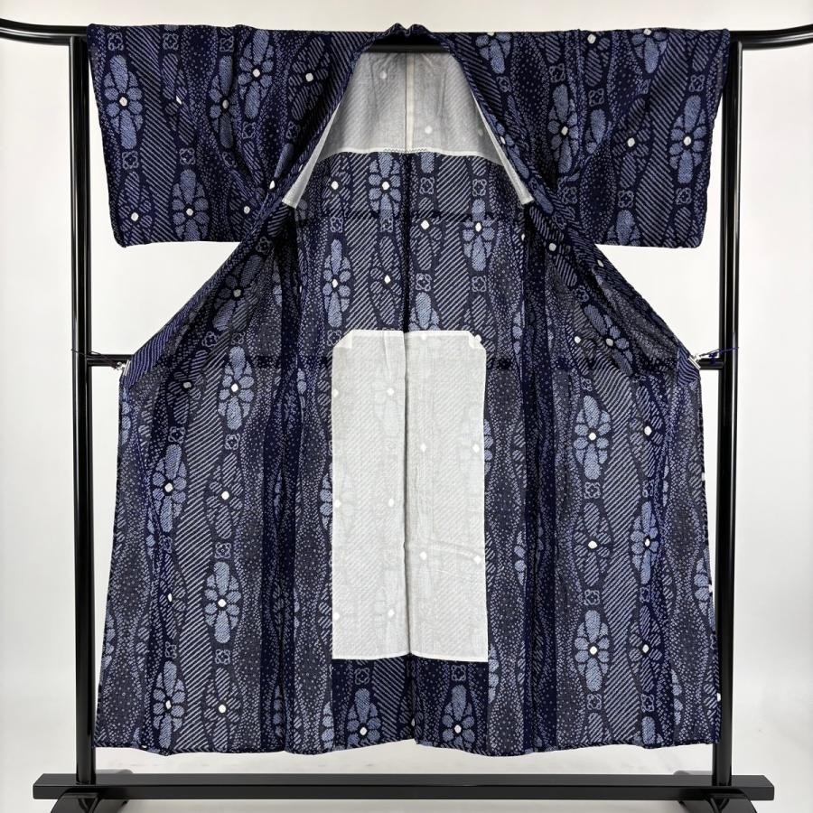 美品 浴衣 身丈150cm 裄丈64.5cm M 絞り浴衣 花 立涌 紺色 綿 名品