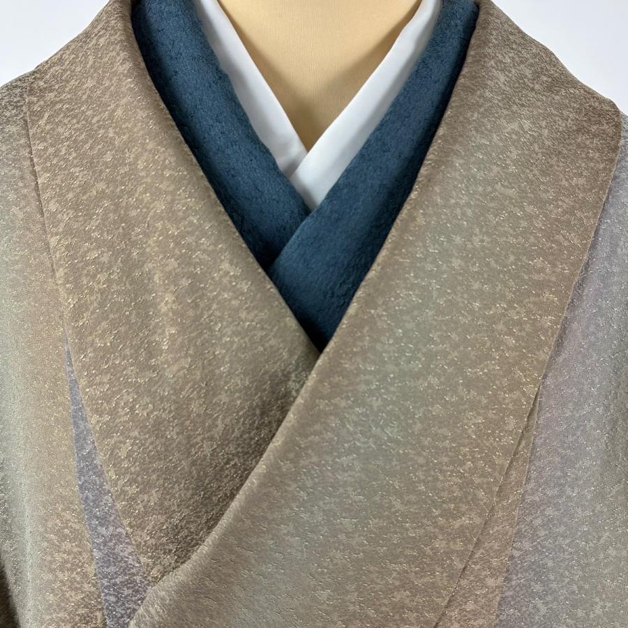 道中着 身丈100cm 裄丈67cm M 和装コート 着物衿 地紋 ぼかし 灰茶 正絹 逸品 中古_3