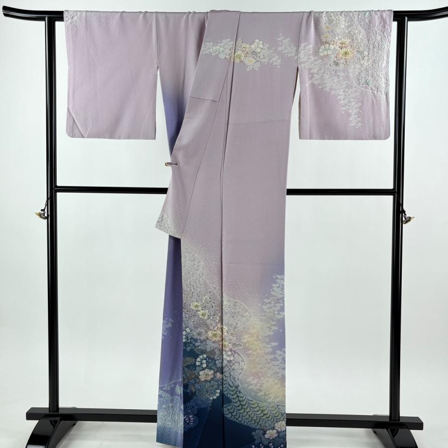 訪問着 身丈162cm 裄丈67cm M 袷 吉乃一廉 落款あり 辻が花 霞 金彩 薄紫 正絹 逸品 中古