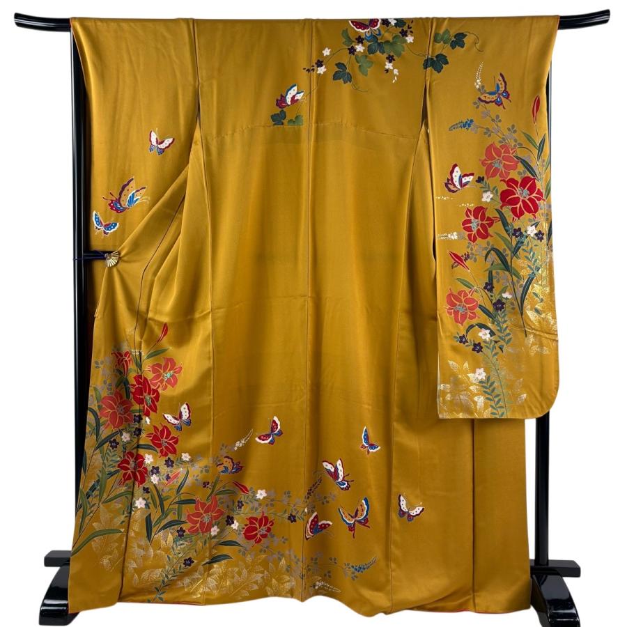 振袖 身丈169cm 裄丈68cm L 袷 百合 蝶 刺繍 金銀彩 山吹色 正絹 秀品 