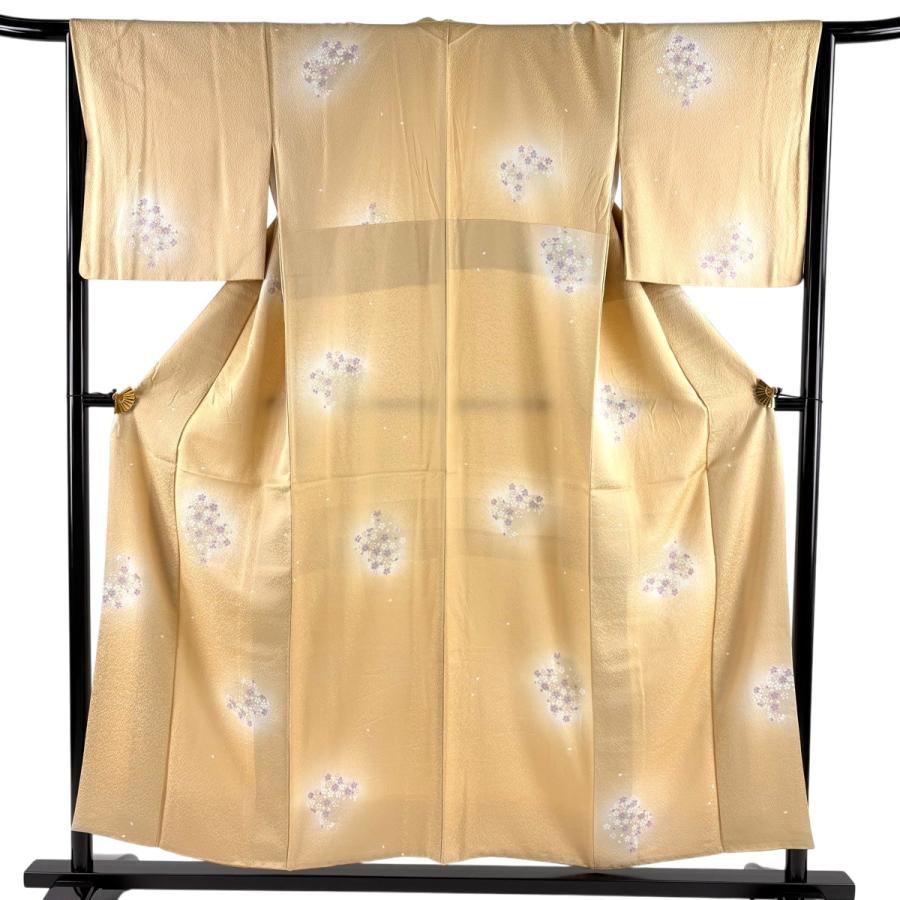 小紋 身丈155cm 裄丈65.5cm M 袷 桜 金銀彩 ぼかし 薄茶色 正絹 秀品