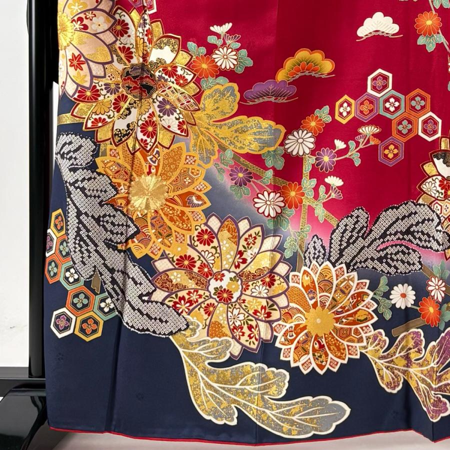 振袖 身丈165.5cm 裄丈67.5cm L 袷 花籠 牡丹 金糸 金彩 黒
