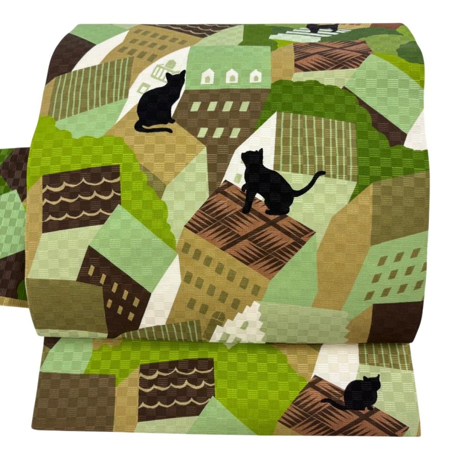 猫デザイン 袋帯 黒と緑 美品 名古屋帯 名品 黒猫 建物 緑 化繊 中古 : リユースセレクト