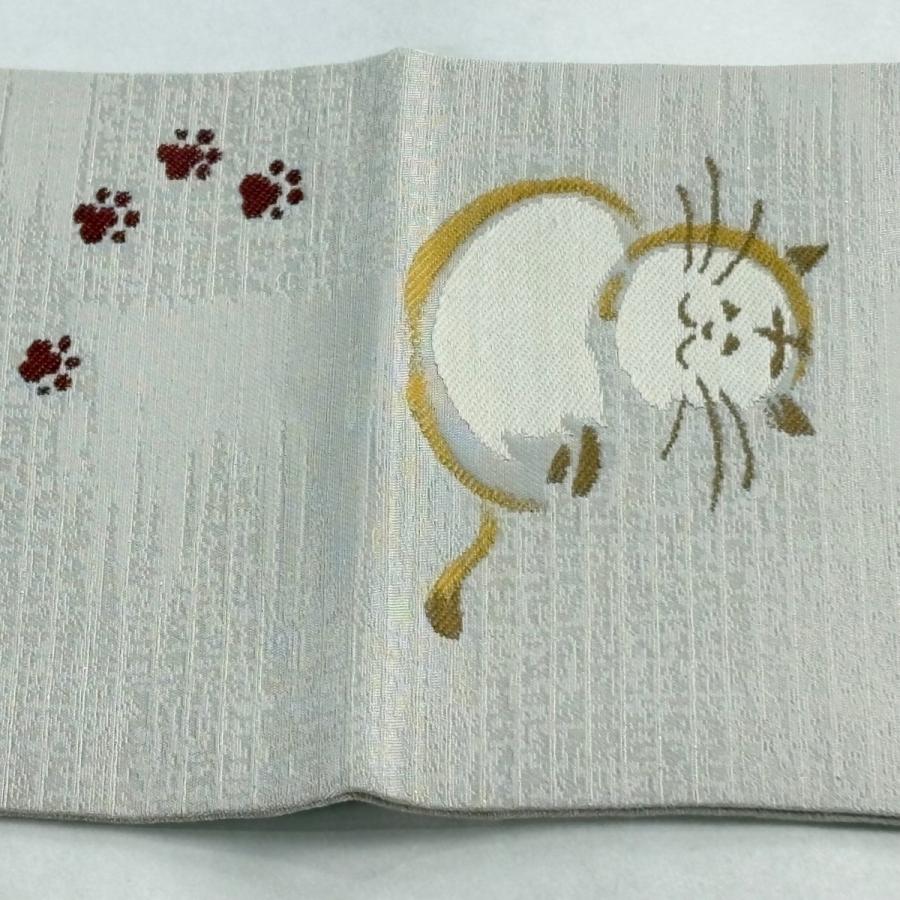 美品 名古屋帯 名品 縞猫 肉球 金通し 灰白 正絹 中古 : リユース
