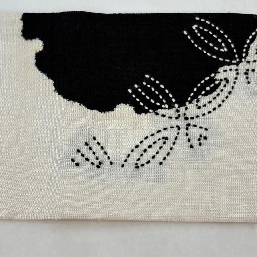 名古屋帯 名品 紬地 雪輪 七宝 刺し子刺繍 ベージュ 正絹 中古