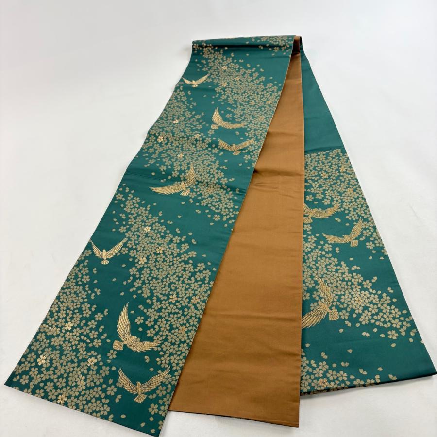 美品 袋帯 名品 斉藤三才 落款あり 三才鳥 桜 金糸 箔 緑 六通 正絹