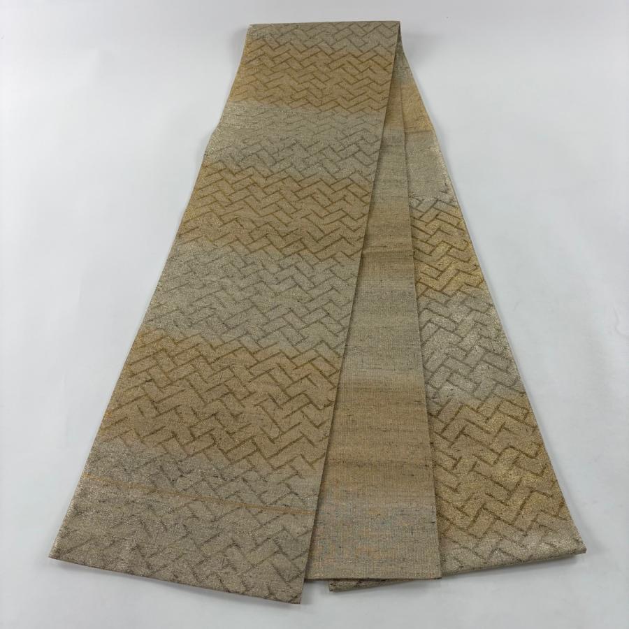 美品 袋帯 逸品 桝屋高尾 落款あり ねん金綴錦 桧垣文様 箔 金色 六通 