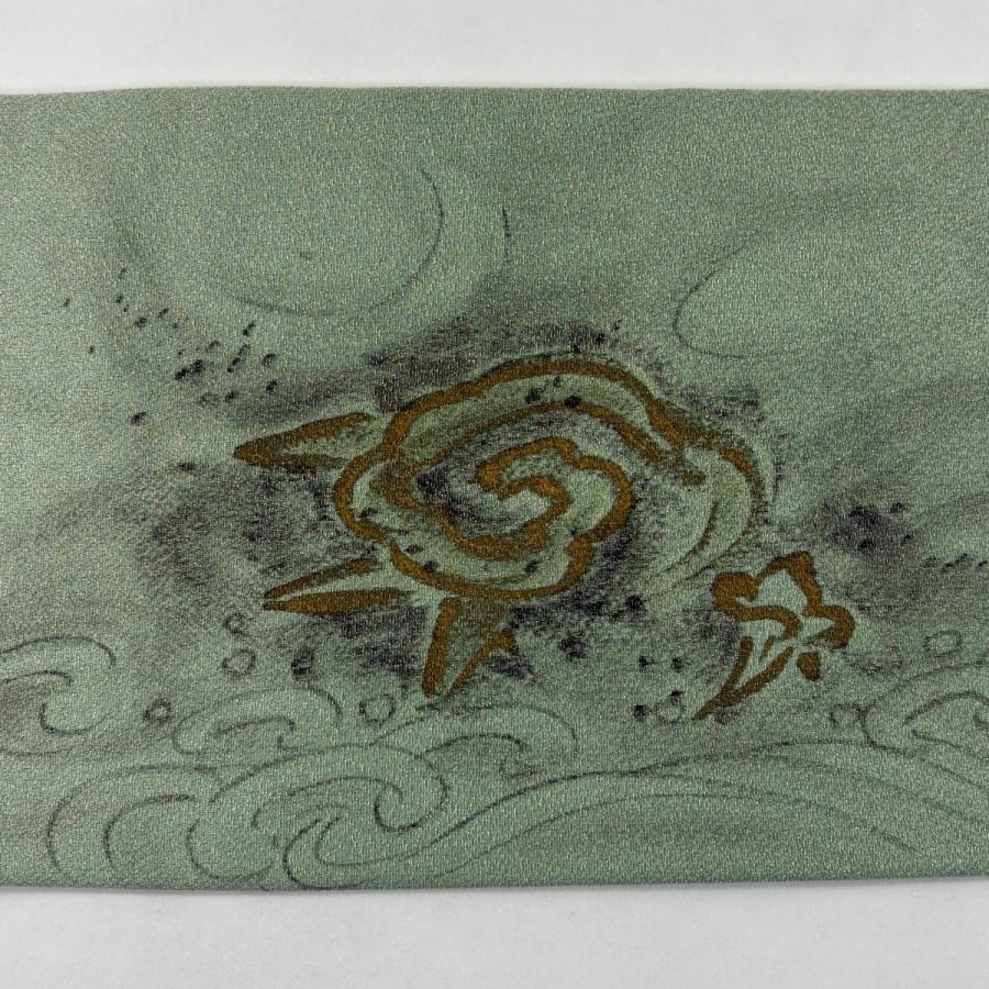 名古屋帯 逸品 落款あり 龍 金彩 金糸 薄緑 正絹 中古
