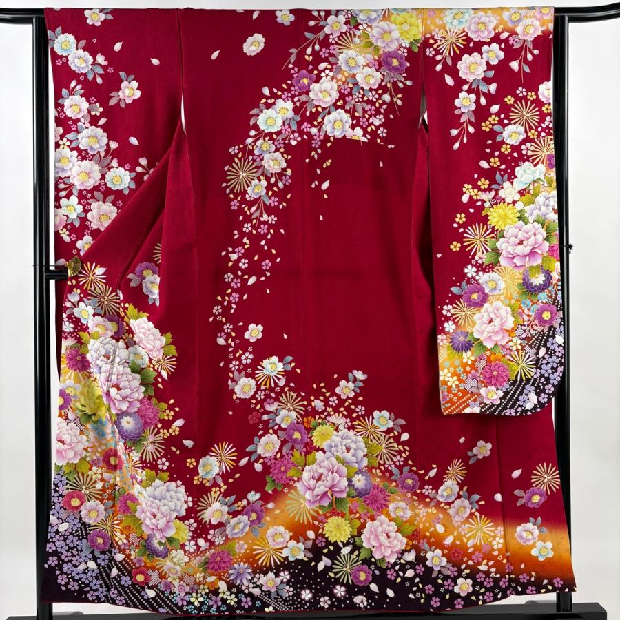 美品 振袖 身丈156.5cm 裄丈63cm S 袷 牡丹 菊 箔 ぼかし 赤 正絹 名品