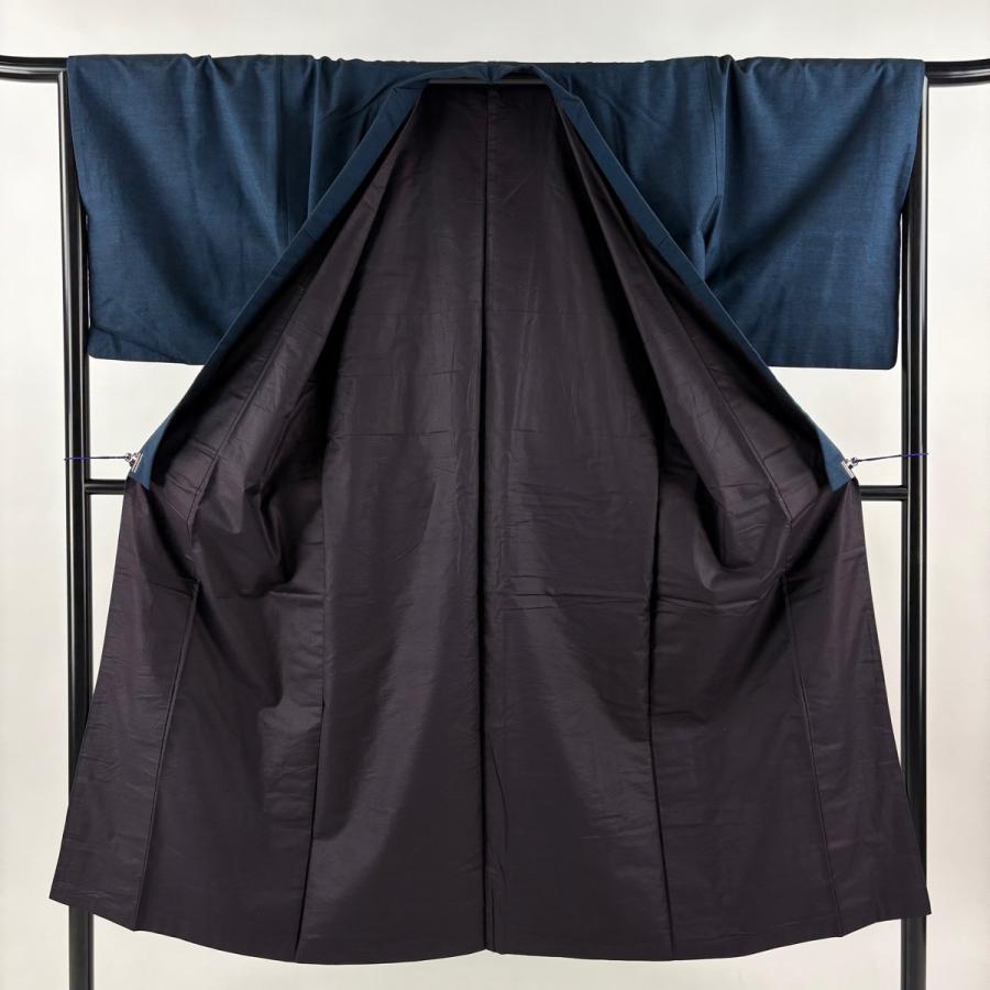 美品 男着物 身丈142.5cm 裄丈68.5cm L 袷 紬 紺色 正絹 秀品 中古