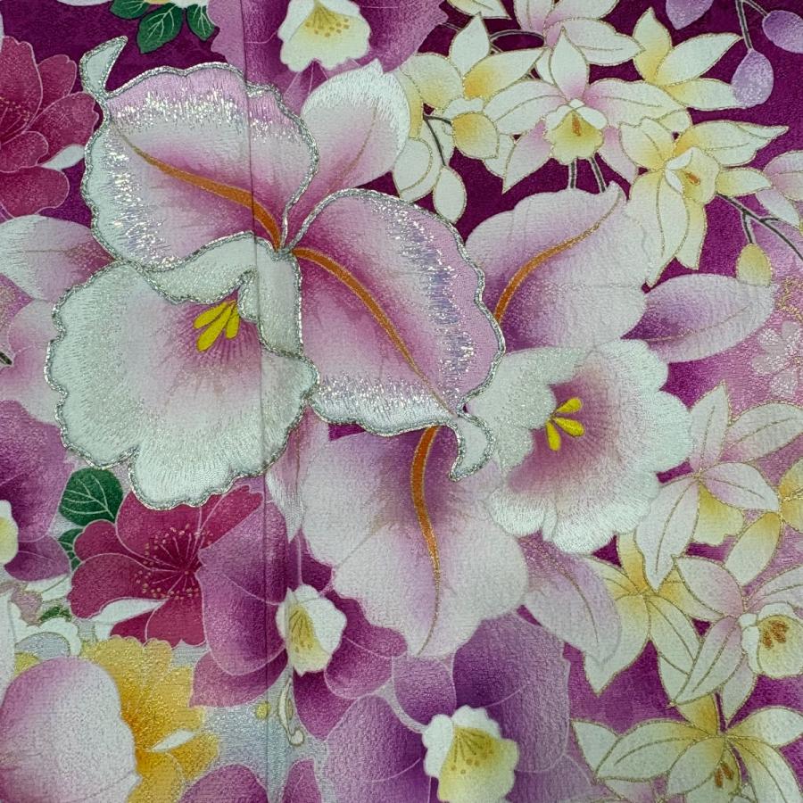 美品 振袖 身丈162cm 裄丈67cm M 袷 袋帯フルセット カトレア 草花 