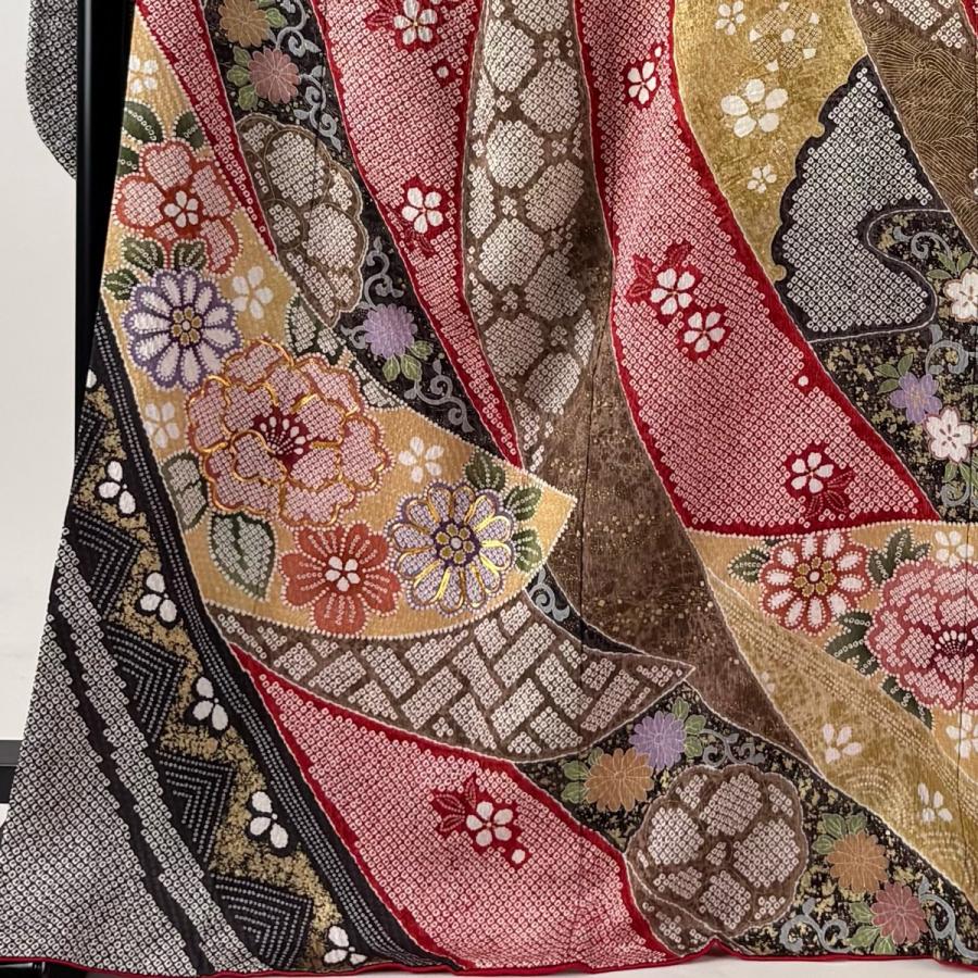 美品 振袖 身丈167cm 裄丈70cm L 袷 袋帯フルセット 牡丹 菊 金糸 金彩 