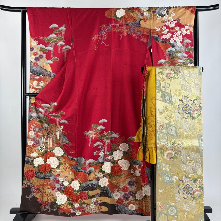美品 振袖 身丈162.5cm 裄丈63cm S 袷 袋帯フルセット 御所車 草花