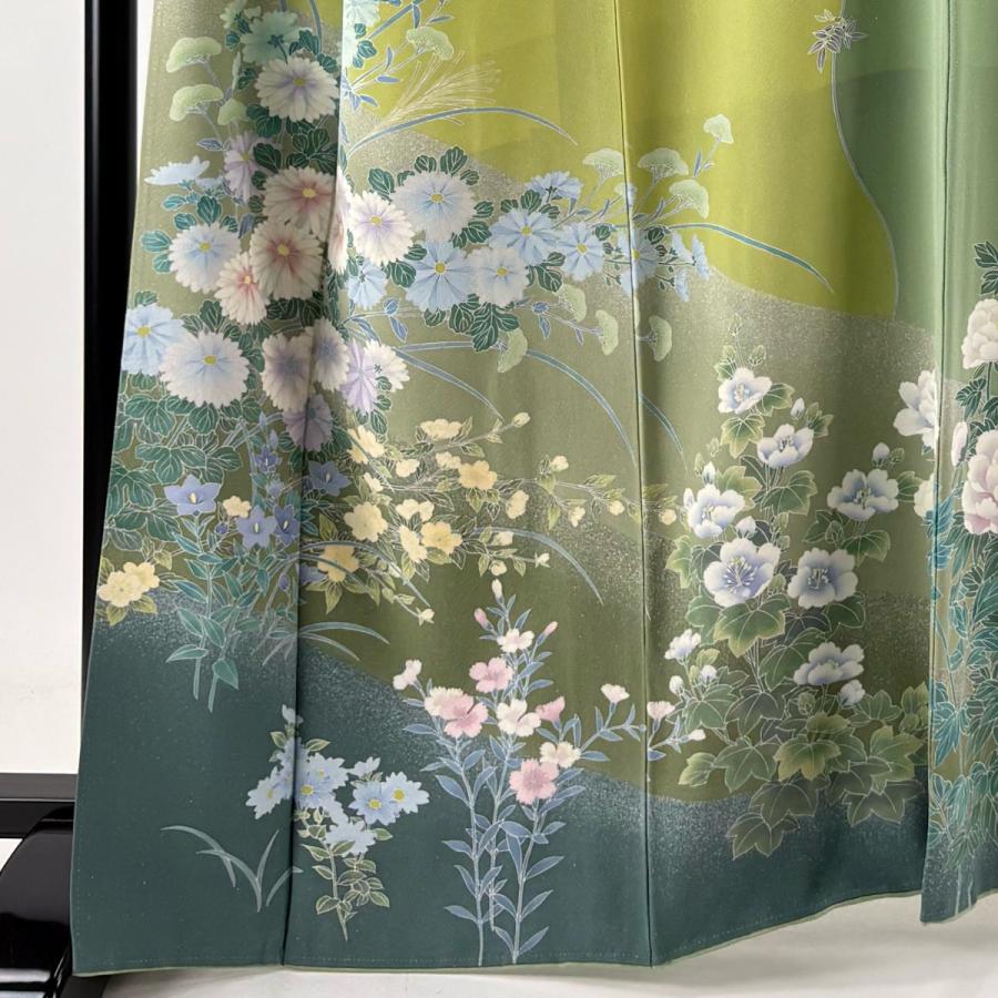 訪問着 身丈165cm 裄丈71cm L 袷 菊 秋草 染め分け 黄緑色 正絹 逸品 中古