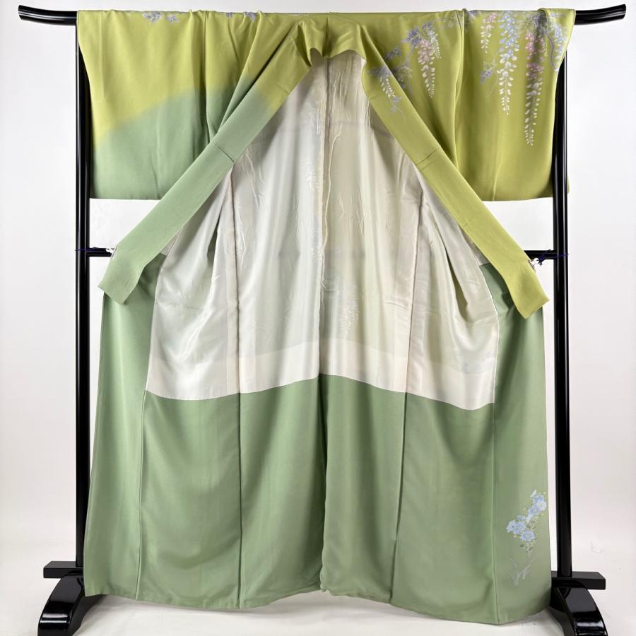 訪問着 身丈165cm 裄丈71cm L 袷 菊 秋草 染め分け 黄緑色 正絹 逸品 中古