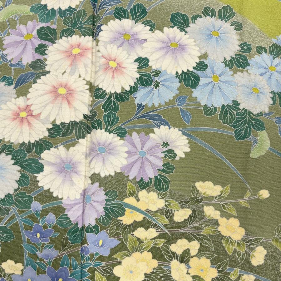 訪問着 身丈165cm 裄丈71cm L 袷 菊 秋草 染め分け 黄緑色 正絹 逸品 中古