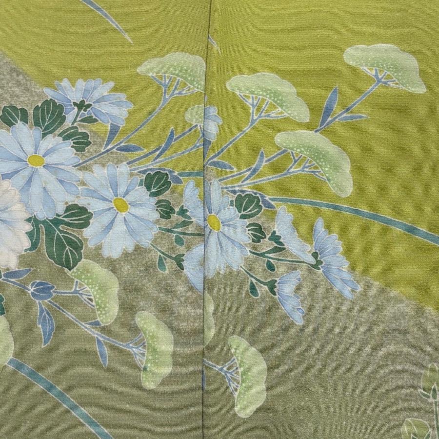 訪問着 身丈165cm 裄丈71cm L 袷 菊 秋草 染め分け 黄緑色 正絹 逸品 中古