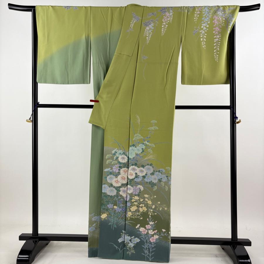 訪問着 身丈165cm 裄丈71cm L 袷 菊 秋草 染め分け 黄緑色 正絹 逸品 中古