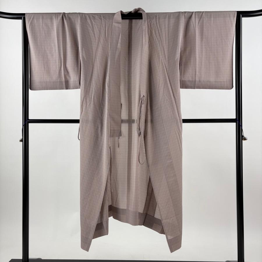 美品 道中着 身丈130.5cm 裄丈65.5cm M 和装コート 着物衿 吉野間道 証紙あり 格子 灰紫 正絹 逸品 中古_2