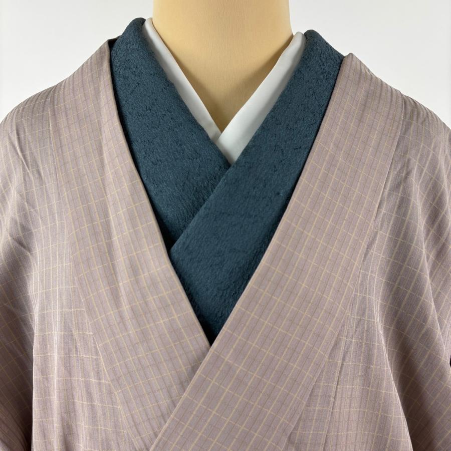 美品 道中着 身丈130.5cm 裄丈65.5cm M 和装コート 着物衿 吉野間道 証紙あり 格子 灰紫 正絹 逸品 中古_3