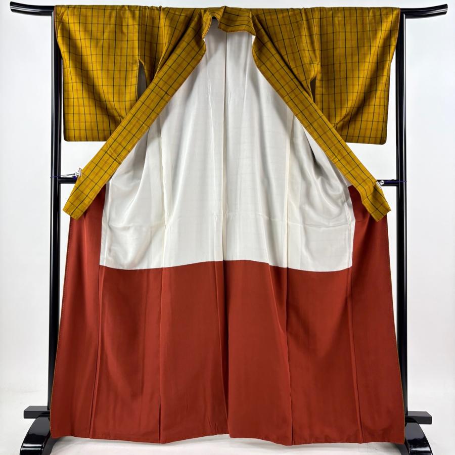 紬 身丈166.5cm 裄丈66cm M 袷 格子 山吹茶色 正絹 逸品 中古