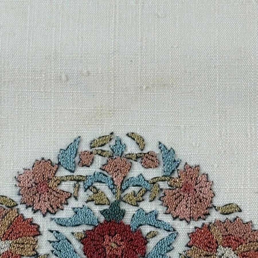 袋帯 逸品 蒋雪英 落款あり 紬地 草花 花唐草 蘇州刺繍 ベージュ
