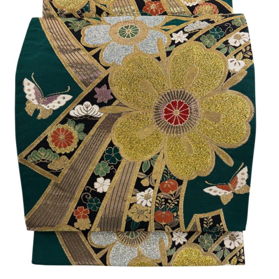 袋帯 秀品 椿 菊 金糸 箔 金色 六通 正絹 中古 袋帯 秀品 桜