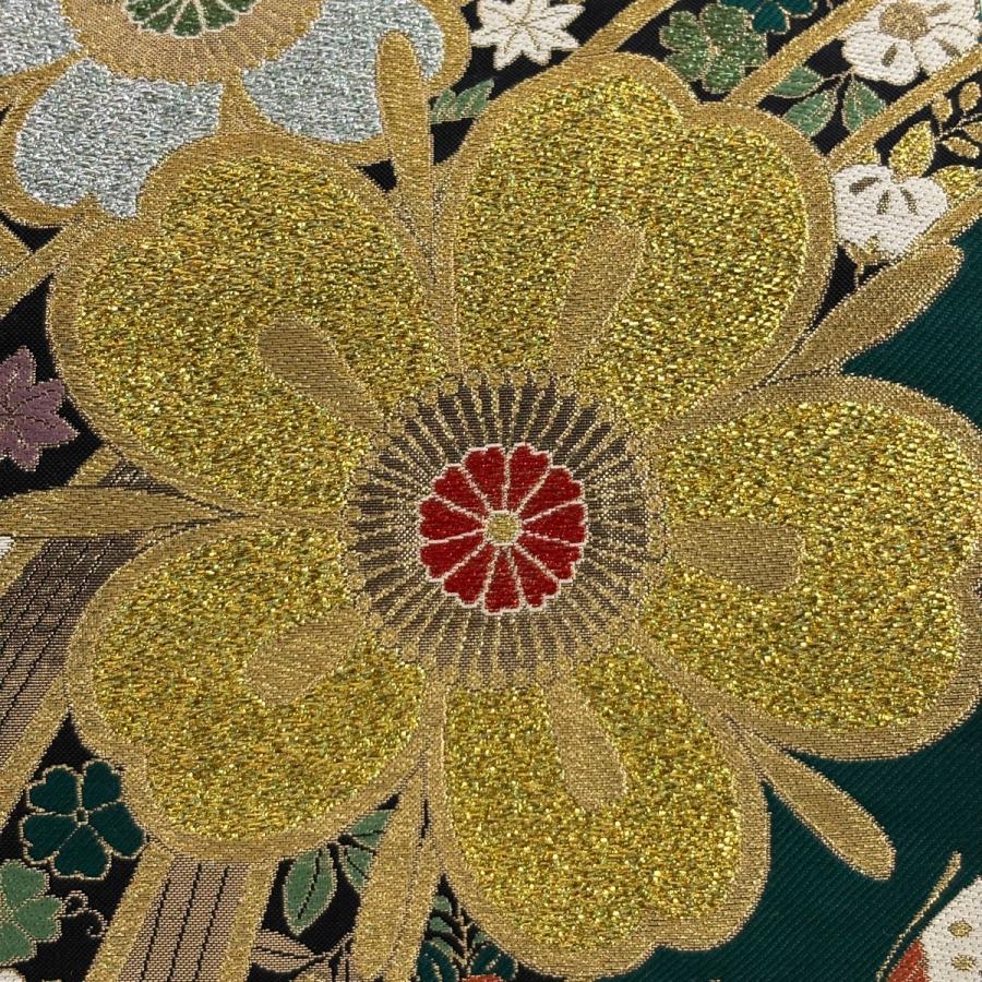 袋帯 秀品 振袖向き 熨斗 桜 金糸 箔 緑 六通 正絹 中古 : リユース 