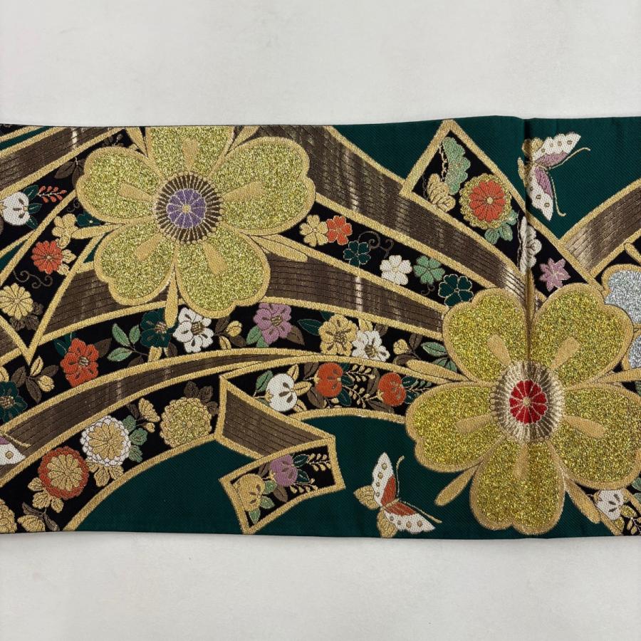 袋帯 秀品 振袖向き 熨斗 桜 金糸 箔 緑 六通 正絹 中古 : リユース 