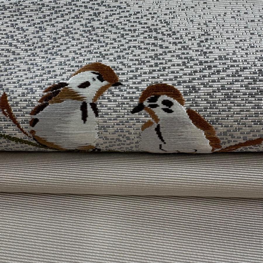 名古屋帯 逸品 祥園 落款あり 八寸名古屋帯 松葉仕立て 雲林綴 雀 灰茶 