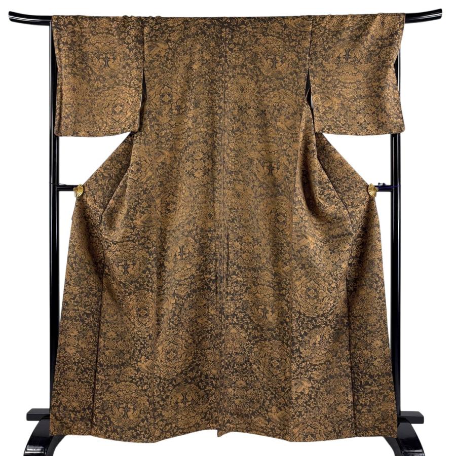 正絹　袷　絞り小紋　焦茶　身丈（肩から）164㎝ 美品 小紋 身丈164.5cm 裄丈68cm L 袷 紋意匠 草花 向かい鳥 茶色 正絹