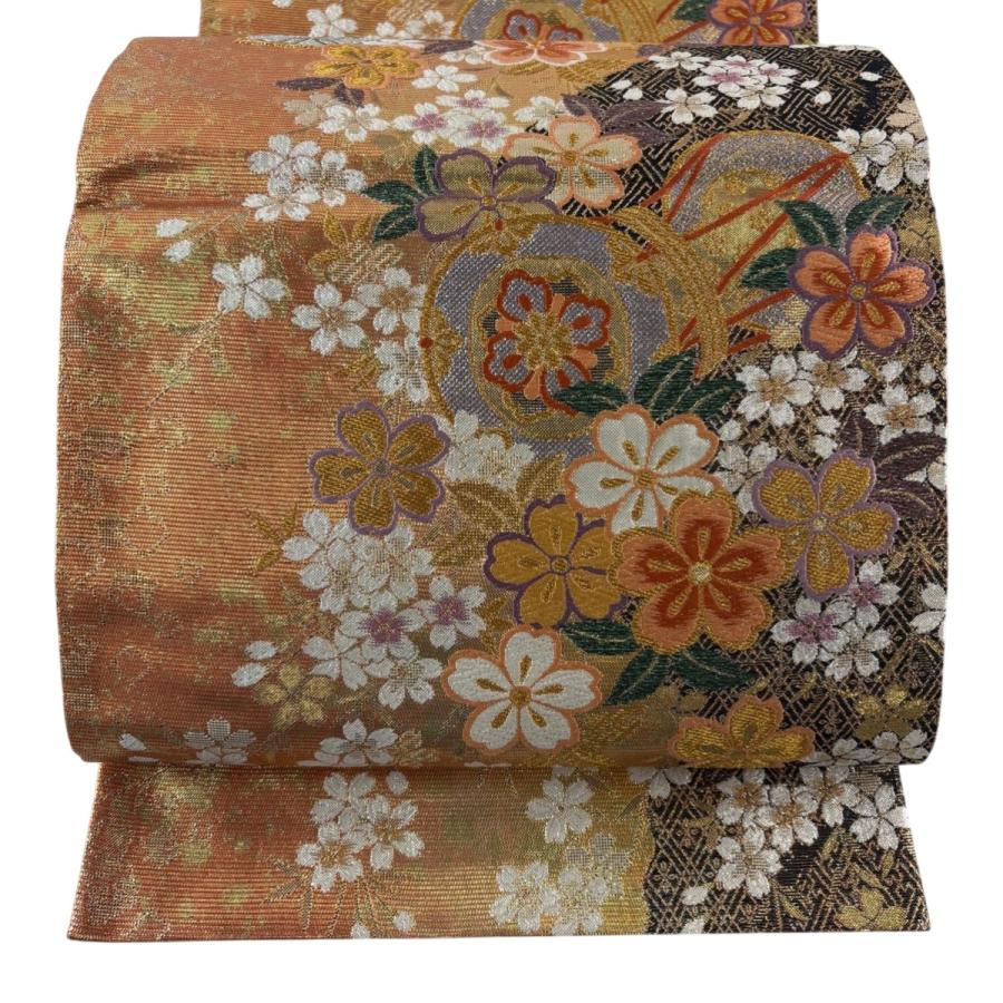 袋帯 秀品 振袖向き 鼓 桜 金糸 箔 オレンジ 六通 正絹 中古 