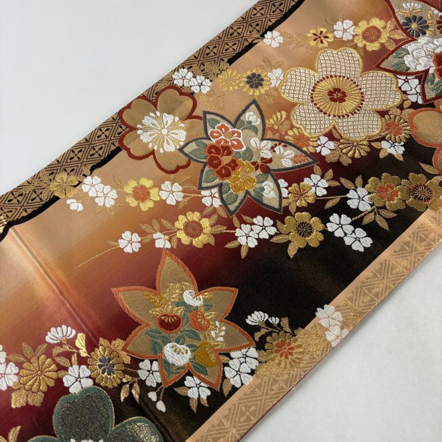 袋帯 秀品 落款あり 扇 束ね熨斗 金彩 金色 お太鼓柄 正絹 中古 美品