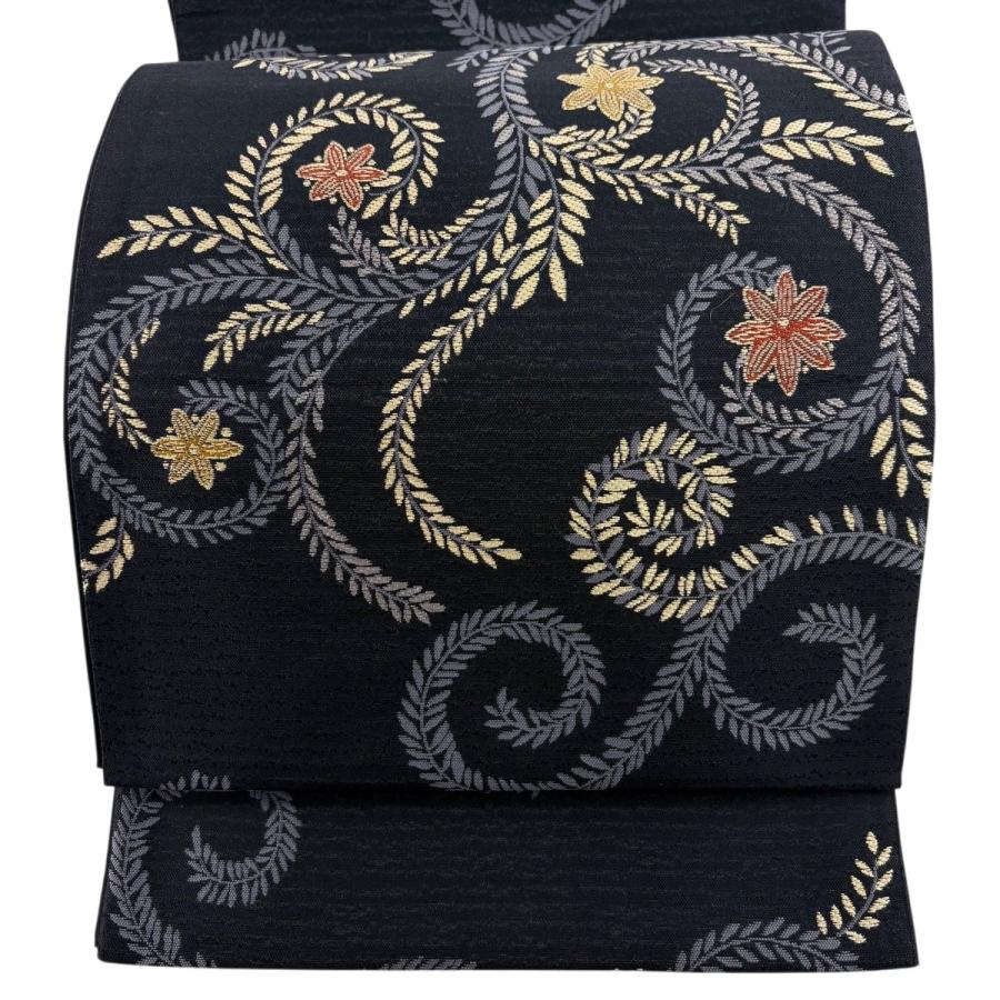 袋帯 秀品 花唐草 黒 六通 正絹 中古 : リユースセレクトショップ