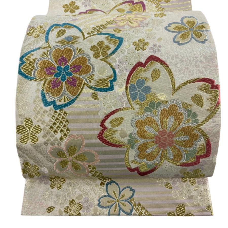 袋帯 秀品 桜 縞 金銀糸 箔 クリーム 六通 正絹 中古 : リユース