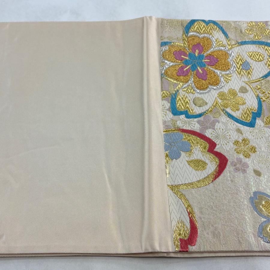 正絹袋帯 銀糸桜柄 リサイクル着物】袋帯 銀色 桜 440cm 正絹 Sランク 全通 フォーマル 銀