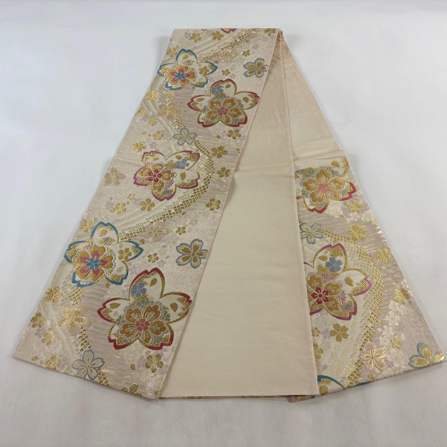 袋帯 秀品 桜 縞 金銀糸 箔 クリーム 六通 正絹 中古 : リユース
