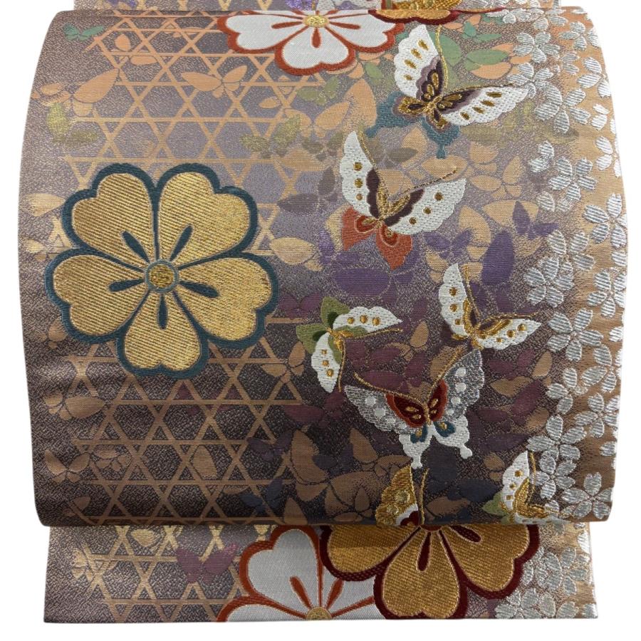 美品 袋帯 名品 リバーシブル 辻ヶ花柄 霞 金銀糸 箔 灰紫 六