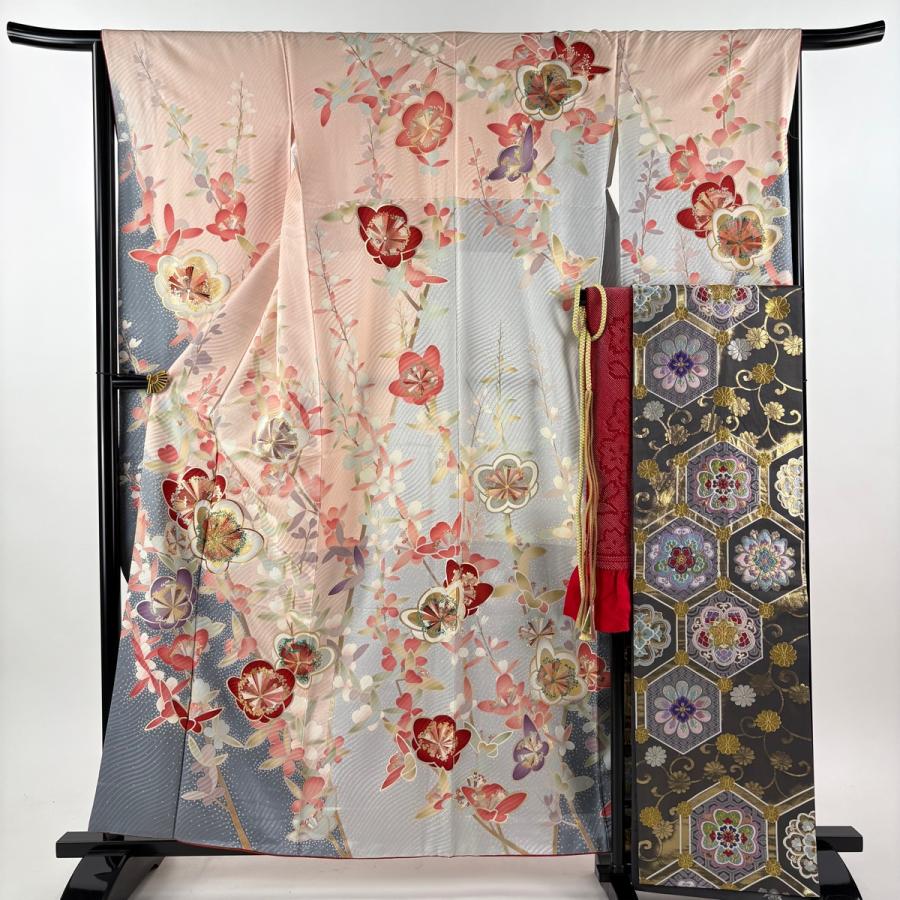 振袖 身丈159.5cm 裄丈66cm M 袷 袋帯フルセット 枝梅 地紋 金糸 箔 薄