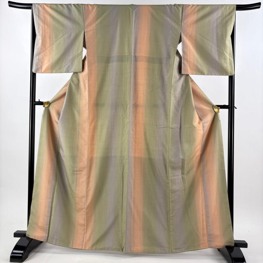 紬 身丈164.5cm 裄丈66cm M 袷 袋帯セット やまと 縦縞 鶯色 正絹 名品 中古_2