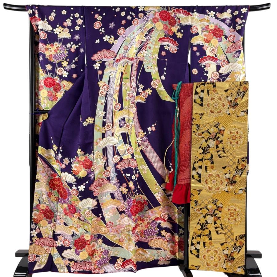 振袖 身丈169cm 裄丈70.5cm L 袷 袋帯フルセット 牡丹 松 金糸 紫 正絹 