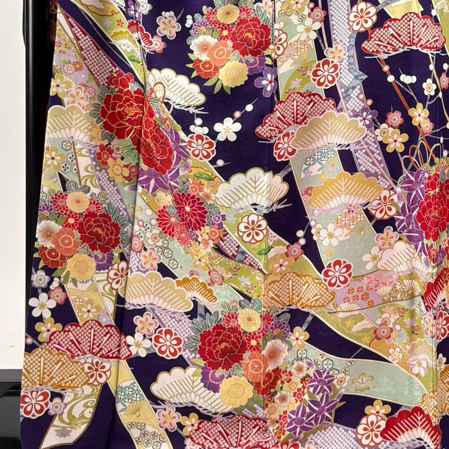 振袖 身丈169cm 裄丈70.5cm L 袷 袋帯フルセット 牡丹 松 金糸 紫 正絹 