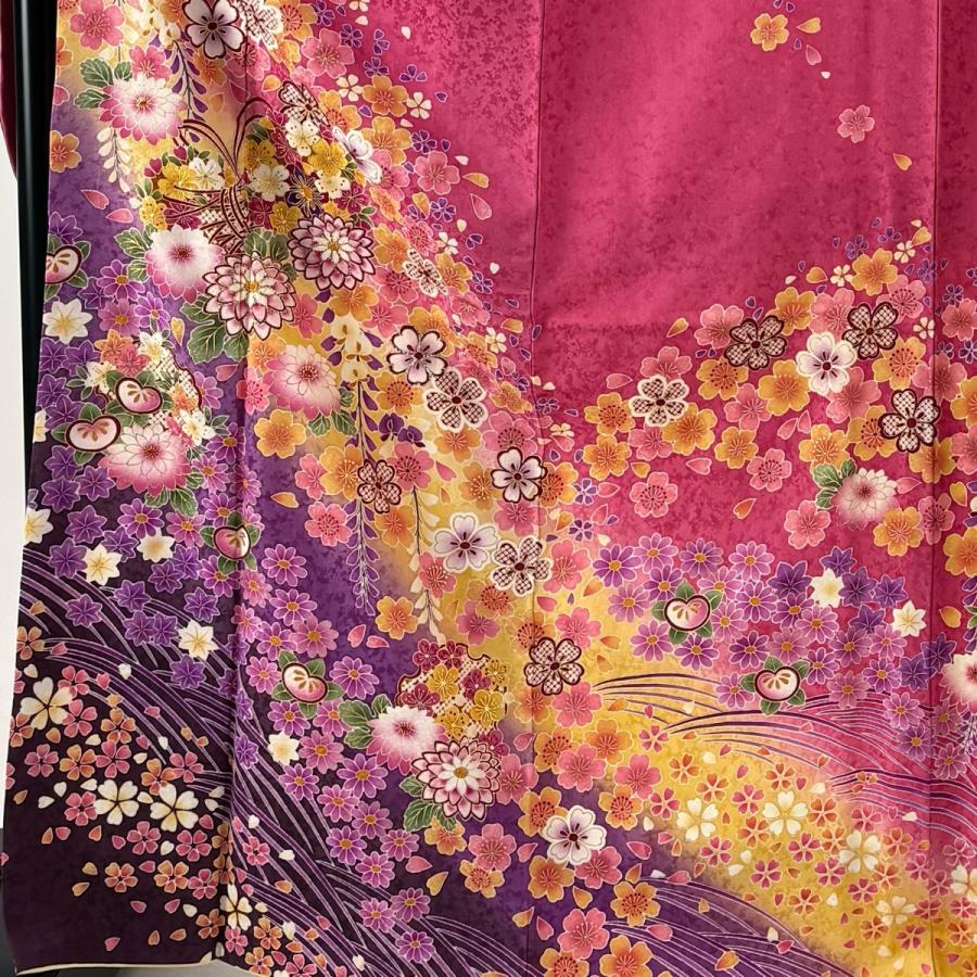 美品 振袖 身丈168.5cm 裄丈70cm L 袷 袋帯フルセット 鼓 草花 金彩 箔 