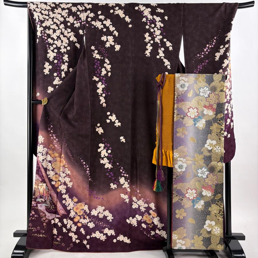 振袖フルセット 身丈168.5裄69.5 更紗 焦げ茶 ブラウン 金彩 成人式