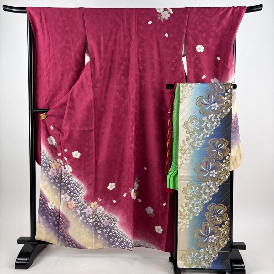 振袖 身丈156cm 裄丈64.5cm M 袷 蝶 桜 金糸 金銀彩 青紫 正絹 秀品