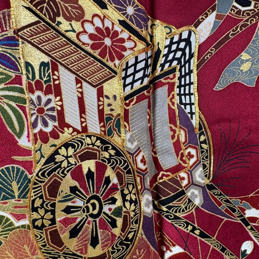 振袖 身丈170.5cm 裄丈70.5cm L 袷 袋帯フルセット 御所車 草花 金糸 