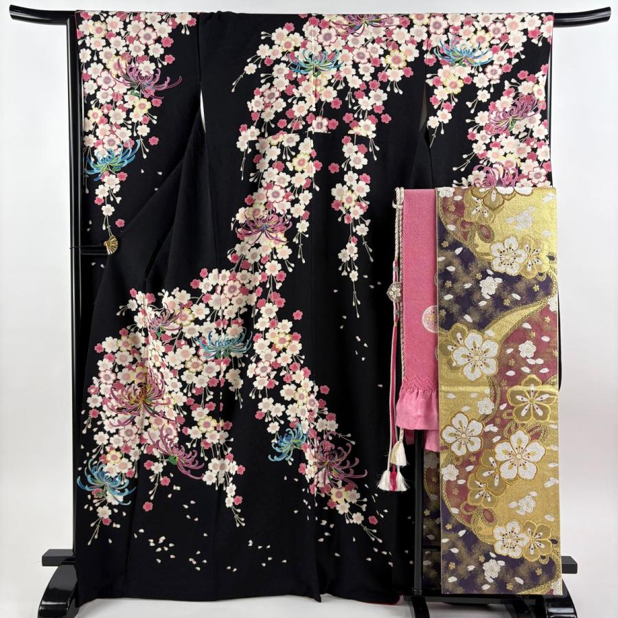 振袖 身丈171cm 裄丈68cm L 袷 桜 菊 金通し 金彩 えんじ色 正絹