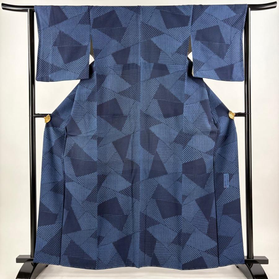 美品 小紋 身丈162.5cm 裄丈63cm S 袷 名古屋帯セット 落款あり 寄せ柄 鱗 藍色 正絹 名品 中古_2